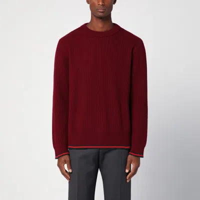 Gucci Red Crewneck Sweater With Web Detail In Ribbed Wool Blend Man In Multicolor