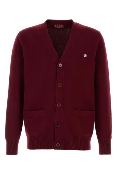Gucci Men Bordeaux Cardigan With V Neck And Gg Embroidery On The Front In Cashmere Man In Burgundy