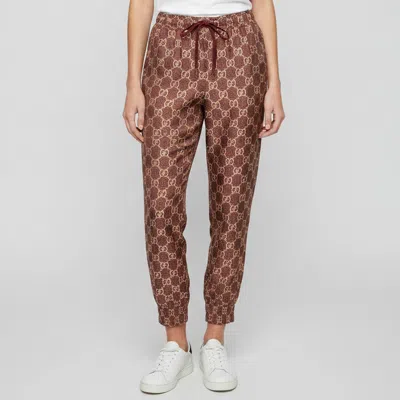 Pre-owned Gucci Burgundy/beige Gg Monogram Silk Joggers S