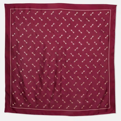 Pre-owned Gucci Burgundy/gold Monogram Horsebit Print Silk Carré Scarf