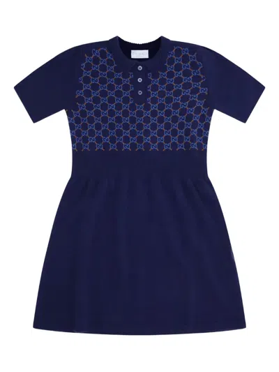 Gucci Kids' Button Monogram-pattern Wool Dress In Blue