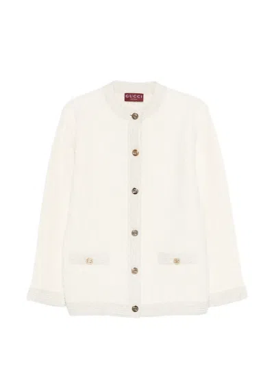 Gucci White Wool Cotton Crewneck Cardigan In Neutral