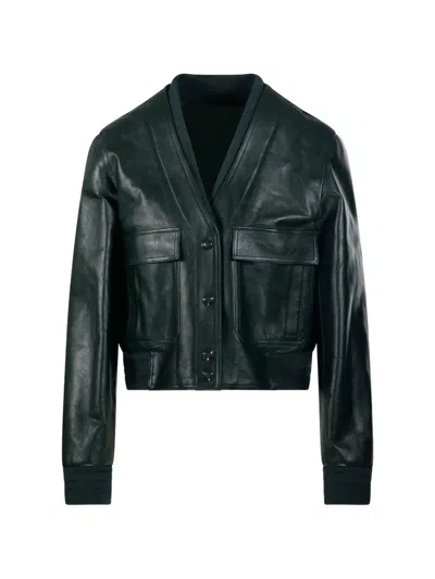 Gucci Slim Fit Cropped Calfskin Leather Bomber Jacket With Elasticated Trim In Green