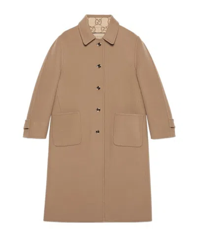 Gucci Buttoned Long-sleeved Reversible Coat In Brown