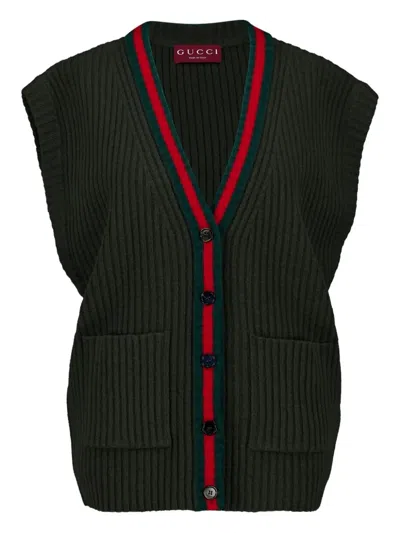 Gucci Wool Vest With Front Pockets And Ribbed Texture In Black