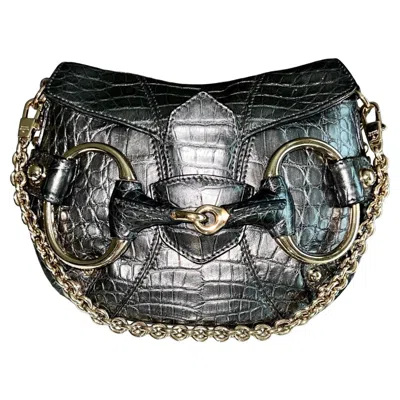 Pre-owned Gucci By Tom Ford 2003/4 Exotic Crocodile Skin Metallic Grey Horsebit Clutch Bag In Gray