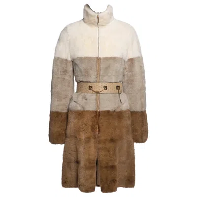 Pre-owned Gucci By Tom Ford Tricolour Mink Fur Coat And Ostrich Leather Belt, Fw 2000 In Brown