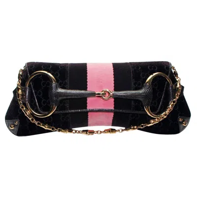 Pre-owned Gucci By Tom Ford Velvet Gg Logo Exotic Lizard Skin Horsebit Xxl Clutch Bag Y2k In Black