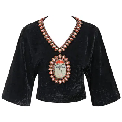 Pre-owned Gucci C.1970s Black Crushed Velvet Bead Embellished Bohemian Cropped Blouse Rare