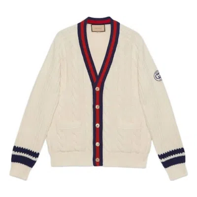 Gucci Web Stripe-trim Cable-knit Cardigan In Nude