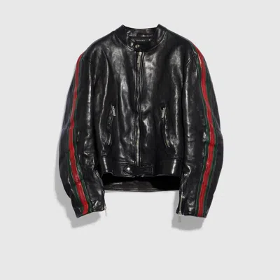 Gucci Calf Leather Bomber Jacket With Web In Black