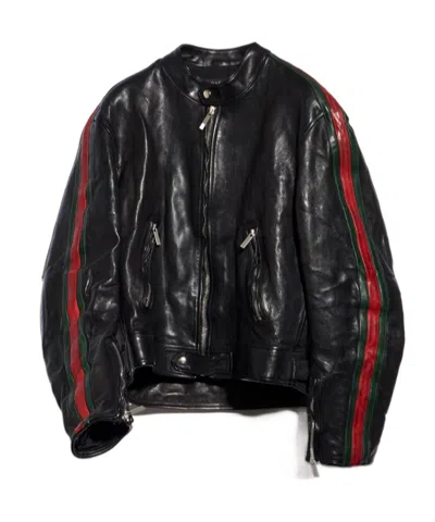 Gucci Calf Leather Bomber Jacket With Web In Black
