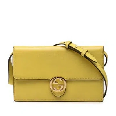 Pre-owned Gucci Calf Leather Calfskin Interlocking G Wallet On Chain In Yellow