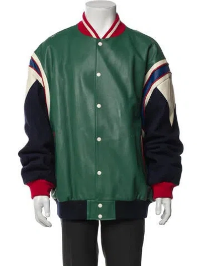 Pre-owned Gucci Calf Leather Colorblock Pattern Bomber Jacket In Green