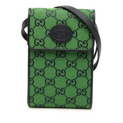 Pre-owned Gucci Calf Leather Gg Canvas Phone Case Crossbody In Green