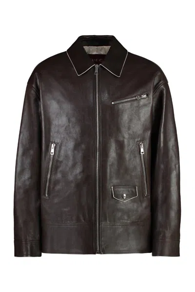 Gucci Men's 100% Leather Jacket With Contrasting Details In Brown