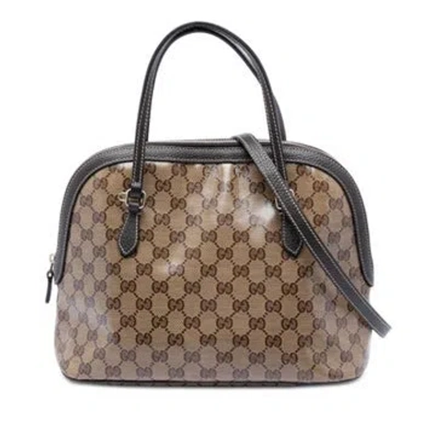 Pre-owned Gucci Calf Leather Medium Gg Crystal Dome Satchel In Brown