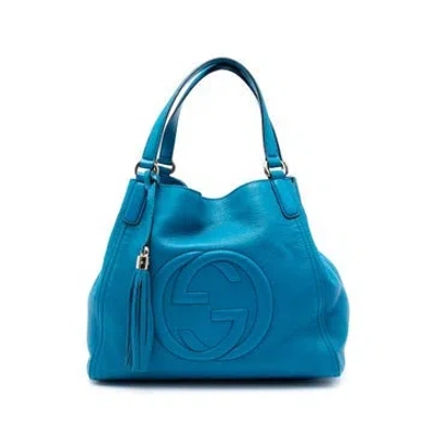Pre-owned Gucci Calf Leather Medium Leather Soho Cellarius Tote In Blue