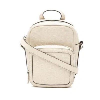 Pre-owned Gucci Calf Leather Mini Gg Embossed Perforated Calfskin Satchel In White