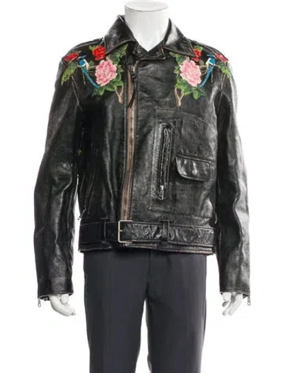 Pre-owned Gucci Calf Leather Moto Jacket In Black