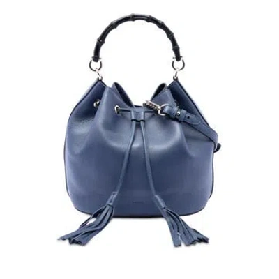 Pre-owned Gucci Calf Leather Pebbled Calfskin Miss Bamboo Tassel Bucket Bag In Blue