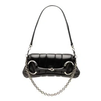 Pre-owned Gucci Calf Leather Small Quilted Leather Horsebit Chain Satchel In Black