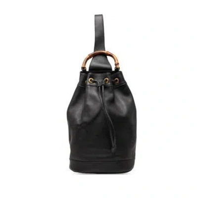 Pre-owned Gucci Calfskin Bamboo Drawstring Sling Backpack In Black