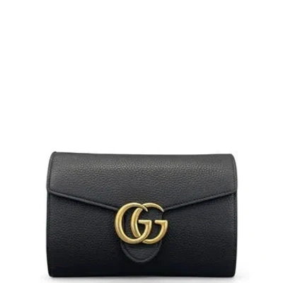 Pre-owned Gucci Calfskin Gg Marmont Chain Wallet Mini In Black