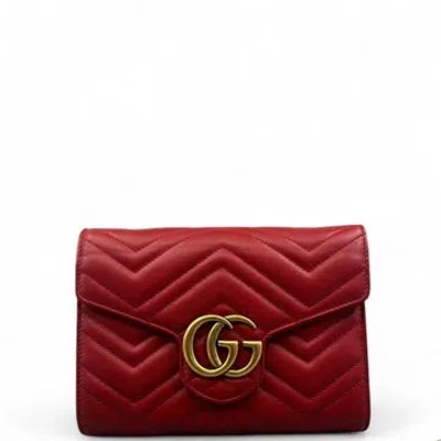 Pre-owned Gucci Calfskin Gg Marmont Chain Wallet Mini In Red