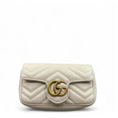 Pre-owned Gucci Calfskin Gg Marmont Chain Wallet Mini In White