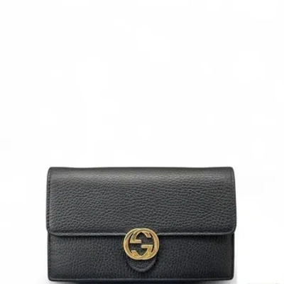 Pre-owned Gucci Calfskin Interlocking G Chain Wallet Mini In Black