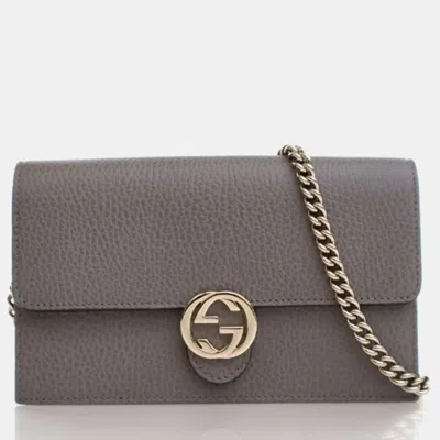 Pre-owned Gucci Calfskin Interlocking Gg Wallet On Chain In Gray