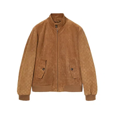 Gucci Calfskin Leather Gg Bomber Jacket With Zip Closure In Brown