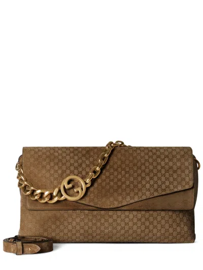Gucci Calfskin Leather Handbag With Chain Detail And Gg Motif In Brown
