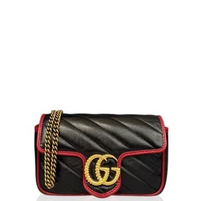 Pre-owned Gucci Calfskin Mini Gg Marmont Chain Wallet In Black