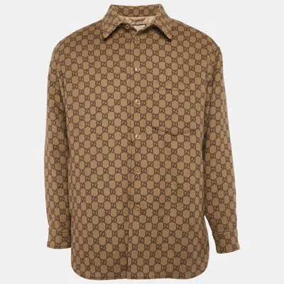 Pre-owned Gucci Camel Brown Brushed Gg Flannel Wool Button Front Jacket S