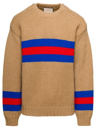 Gucci Camel Brown Crewneck Sweater With Web Intarsia In Wool And Mohair Man In Multi