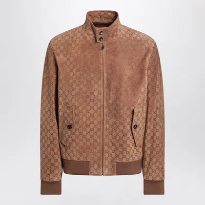 Gucci Camel-coloured Bomber Jacket In Suede With Gg Men In Brown