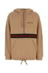 Gucci Beige Hoodie With Logo Lettering On The Front And Web Detail On The Front In Cotton Woman