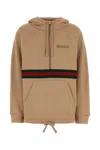 Gucci Beige Hoodie With Logo Lettering On The Front And Web Detail On The Front In Cotton Woman In Desertsandmix