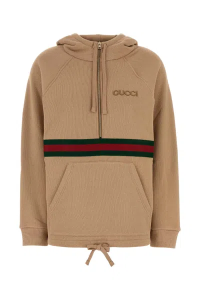 Gucci Beige Hoodie With Logo Lettering On The Front And Web Detail On The Front In Cotton Woman In Animal Print