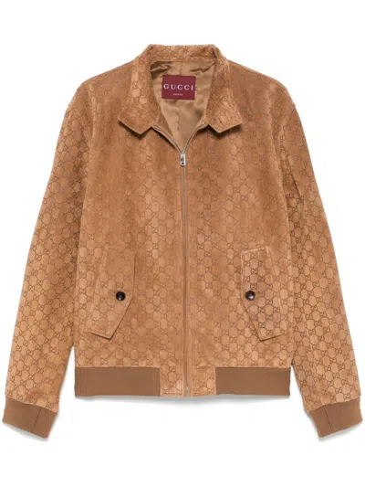 Gucci Camel Embossed Suede Bomber Jacket In Brown