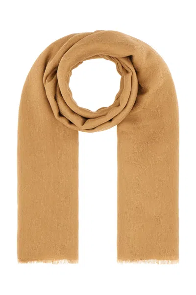 Gucci Camel Silk Blend Scarf In Sand Dark Green