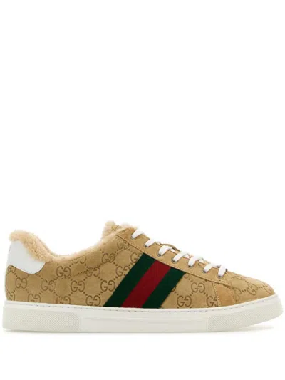 Gucci Women Camel Suede Ace Sneakers In Brown