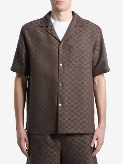 Gucci Gg Linen-blend Bowling Shirt In Brown