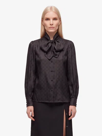 Gucci Camicia In Twill Di Seta Stampata Con Fiocco In Black
