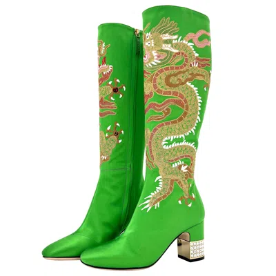 Pre-owned Gucci Candy Dragon Embroidered Crystal Embellished Knee High Boots In Green
