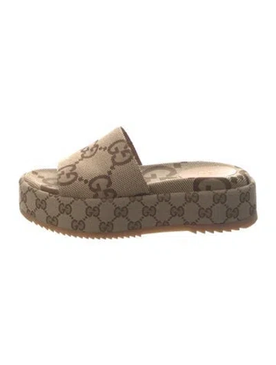 Pre-owned Gucci Canvas Graphic Print Slides In Neutrals