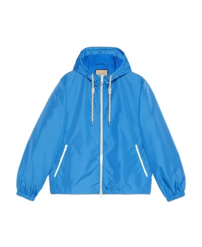 Gucci Canvas Hooded Zip-up  Jacket In Blue