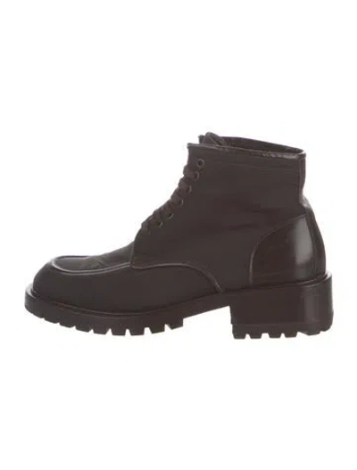 Pre-owned Gucci Canvas Leather Trim Embellishment Combat Boots In Brown